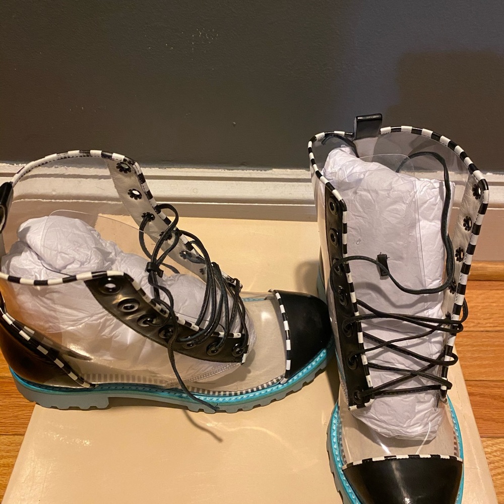 Women’s Clear Lace-Up Combat Boots with Black Trim and Aqua Sole